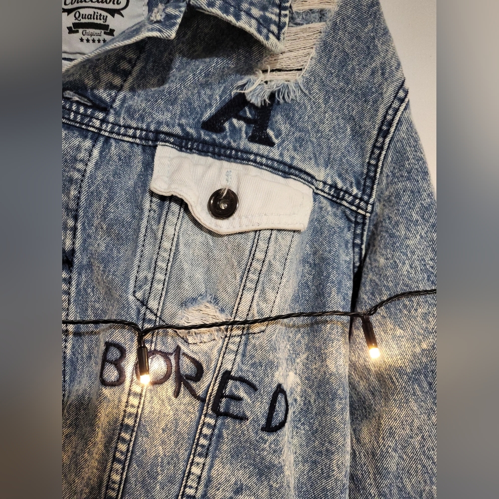DNM Collection Medium Distressed Embroidered Reworked Denim Jacket - Picture 7 of 16